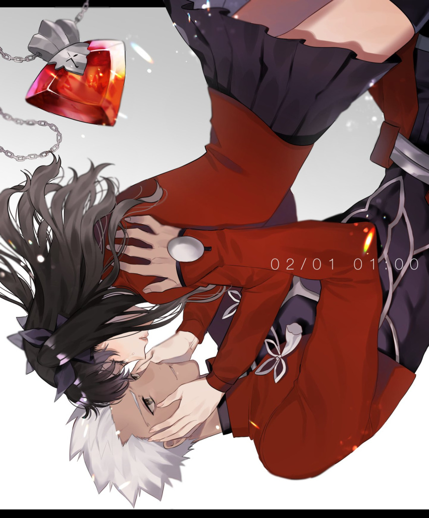 1boy 1girl abs archer bangs black_hair black_legwear black_ribbon black_skirt chain commentary_request dated facing_another fate/stay_night fate_(series) gem gradient gradient_background grey_background grey_hair hair_ribbon hand_on_another's_cheek hand_on_another's_face highres letterboxed long_hair long_sleeves pleated_skirt red_shirt ribbon shimatori_(sanyyyy) shirt short_hair skirt thigh-highs timestamp tohsaka_rin two_side_up upside-down