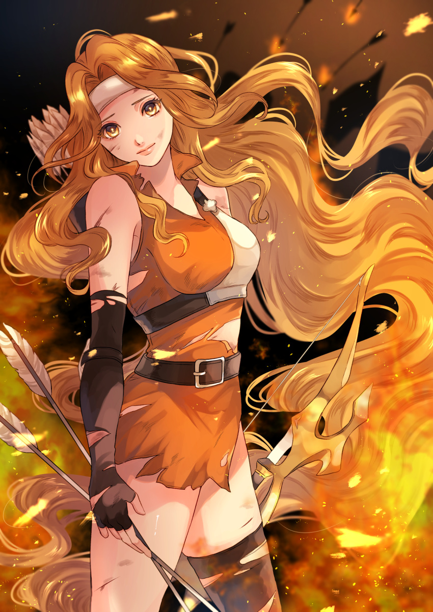 1girl absurdres arrow_(projectile) belt blonde_hair bow_(weapon) brigid_(fire_emblem) buckle closed_mouth commission commissioner_upload damaged dress fingerless_gloves fire fire_emblem fire_emblem:_genealogy_of_the_holy_war gloves headband highres holding holding_weapon injury long_hair looking_at_viewer muneate single_thighhigh sleeveless sleeveless_dress solo thigh-highs torn_clothes torn_dress very_long_hair wawatiku weapon yellow_eyes
