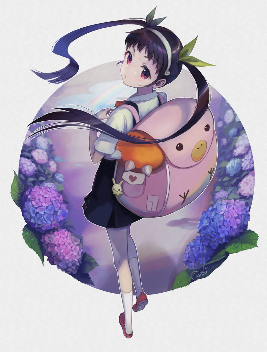 1girl absurdres backpack bag bakemonogatari black_hair blue_skirt blush cherry_print collared_shirt commentary_request floating_hair flower food_print foreshortening from_behind full_body green_ribbon hachikuji_mayoi hair_ribbon hairband highres hydrangea leaf loafers long_hair looking_at_viewer looking_back monogatari_(series) neck_ribbon outside_border pleated_skirt red_eyes red_footwear red_neckwear red_ribbon ribbon road rony shirt shoes short_sleeves signature skirt socks solo twintails walking white_hairband white_legwear white_shirt