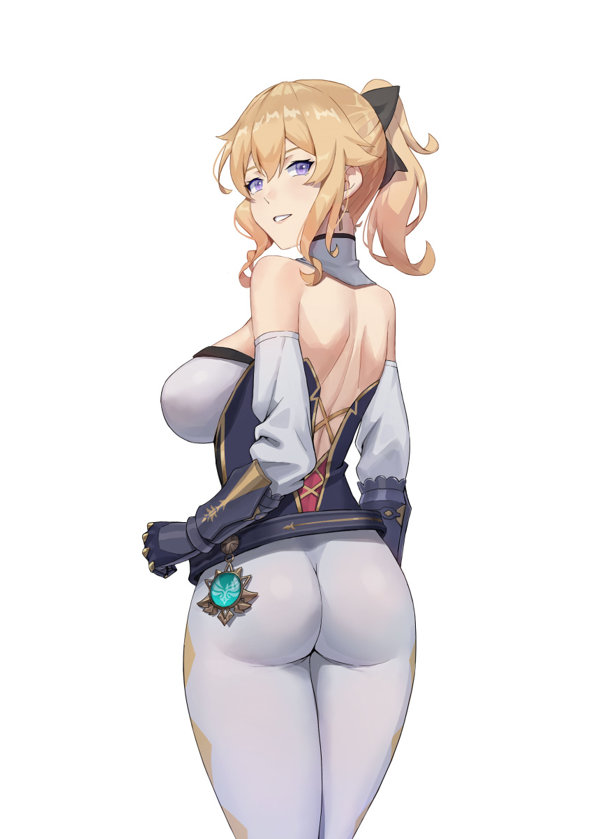 1girl :d absurdres ass bare_shoulders blonde_hair blue_eyes bow breasts corset cross cross_earrings earrings freedomexvss genshin_impact gloves hair_bow half-closed_eyes highres jean_gunnhildr jewelry large_breasts long_sleeves looking_at_viewer looking_back open_mouth pants ponytail simple_background smile tight tight_pants vision_(genshin_impact) white_background white_legwear