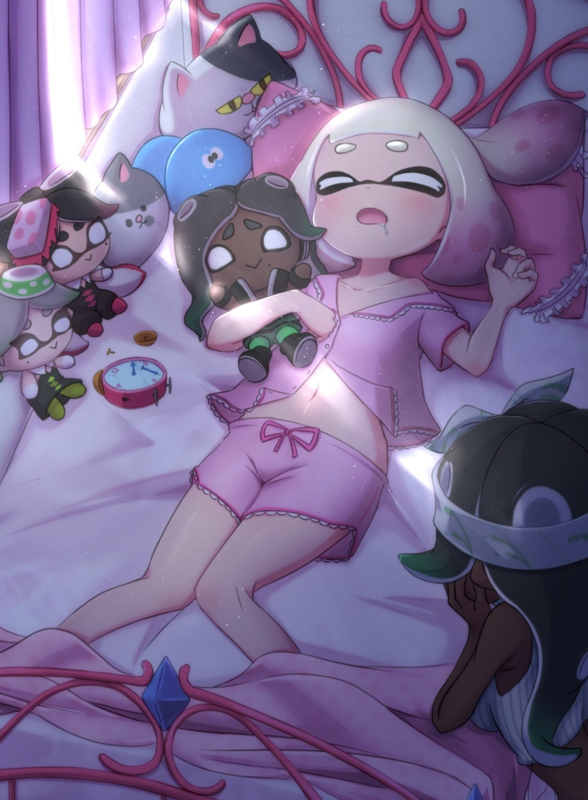 2girls alarm_clock bed bob_cut callie_(splatoon) character_doll clock closed_eyes commentary crop_top curtains dark_skin dark-skinned_female domino_mask dust_particles gradient_hair green_hair head_rest headband highres holding holding_stuffed_toy jellyfish_(splatoon) judd_(splatoon) kneeling li'l_judd_(splatoon) long_hair looking_at_another lying marie_(splatoon) mask mole mole_under_mouth multicolored_hair multiple_girls navel on_back on_bed open_mouth pajamas pink_hair pink_shirt pink_shorts saliva shinako shirt short_hair short_sleeves shorts sleeping sleepwear sleeveless sleeveless_shirt splatoon_(series) splatoon_1 splatoon_2 splatoon_2:_octo_expansion stuffed_toy suction_cups sunlight white_hair white_headband white_shirt