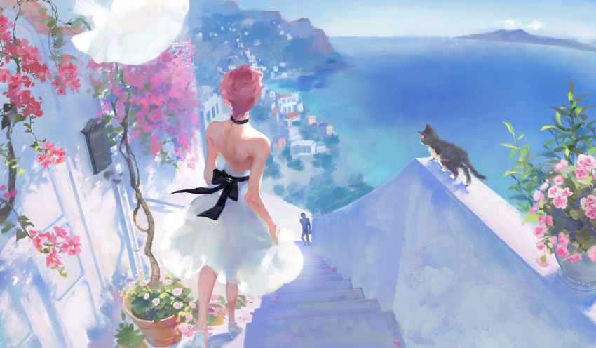1girl absurdres animal back_bow backless_dress backless_outfit bare_arms bare_back bare_shoulders black_bow black_choker bow building cat chinese_commentary choker commentary_request dress flower from_behind high_heels highres horizon jojo_no_kimyou_na_bouken leg_up multiple_sources ocean outdoors pink_flower pink_hair plant potted_plant product_placement short_hair solo_focus stairs strapless strapless_dress trilo trish_una vento_aureo white_footwear wide_shot