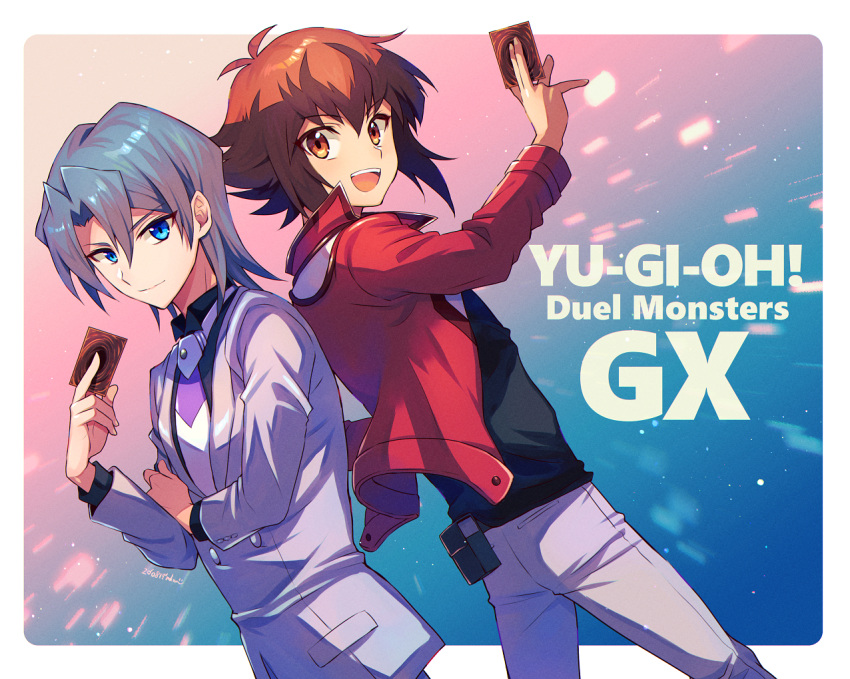 2boys :d back-to-back bangs belt black_belt black_shirt blazer blue_eyes border brown_hair card closed_mouth collared_shirt copyright_name dated duel_academy_uniform_(yu-gi-oh!_gx) dutch_angle edo_phoenix eyebrows_visible_through_hair hair_between_eyes hair_intakes holding holding_card jacket long_sleeves male_focus medium_hair mikami_(mkm0v0) multicolored_hair multiple_boys necktie open_clothes open_jacket open_mouth outside_border pants red_jacket shirt short_hair signature silver_hair smile two-tone_hair white_border white_pants wing_collar yu-gi-oh! yu-gi-oh!_gx yuuki_juudai