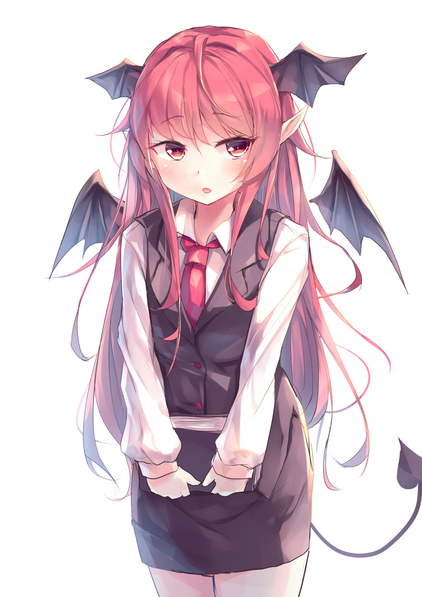 1girl absurdres bat_wings black_skirt black_vest book collared_shirt commentary_request cowboy_shot demon_tail facing_viewer head_wings highres holding holding_book kanzakietc koakuma long_hair long_sleeves looking_away messy_hair necktie pointy_ears red_eyes red_neckwear redhead shirt simple_background skirt skirt_set solo tail touhou vest white_background white_shirt wing_collar wings