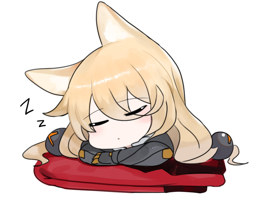 1girl :o animal_ears bangs blush chibi closed_eyes commentary_request dokomon eyebrows_visible_through_hair facing_viewer g41_(girls_frontline) girls_frontline hair_between_eyes hair_ornament highres korean_commentary long_hair parted_lips simple_background sleeping solo white_background zzz