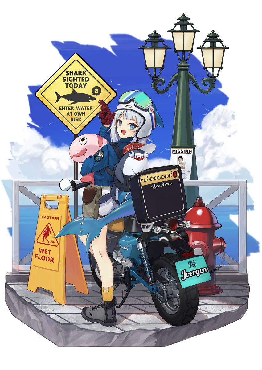 1girl :d alternate_costume amplifier_(instrument) animal_pillow bangs bare_legs bloop_(gawr_gura) blue_eyes blue_hair blue_jacket blue_sky blunt_bangs fish_tail from_behind gawr_gura gloves goggles ground_vehicle highres hololive hololive_english jacket leaning_against_motorcycle looking_at_viewer medium_hair motor_vehicle motorcycle multicolored_hair ocean open_mouth pier ranyu red_gloves shark_girl shark_helmet shark_tail sharp_teeth shoes shore shorts silver_hair sky smile sneakers socks solo streaked_hair tail teeth virtual_youtuber white_shorts yagoo yellow_legwear