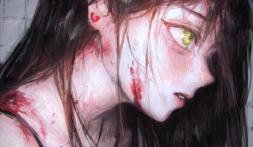 1girl black_hair blood blood_on_face earrings green_eyes hair_behind_ear hatena_(nazequestion) heart heart_earrings highres jewelry long_hair original parted_lips portrait profile solo sweat