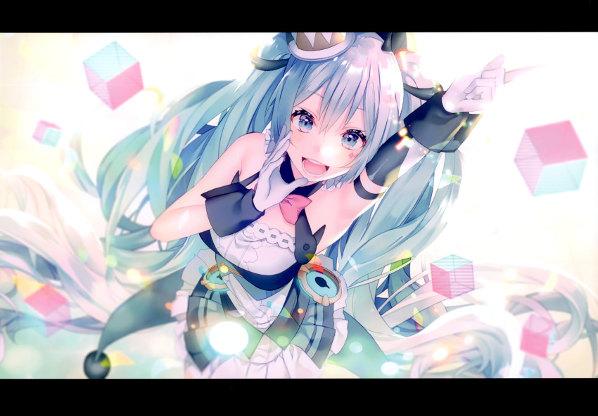 1girl :d arm_up armpits asymmetrical_sleeves bangs black_sleeves blue_eyes blue_hair detached_sleeves facial_mark floating_hair gloves hair_between_eyes hatsune_miku highres index_finger_raised layered_skirt long_hair looking_at_viewer magical_mirai_(vocaloid) miniskirt open_mouth shiomizu_(swat) single_sleeve skirt smile solo standing thigh_strap very_long_hair vocaloid white_background white_gloves