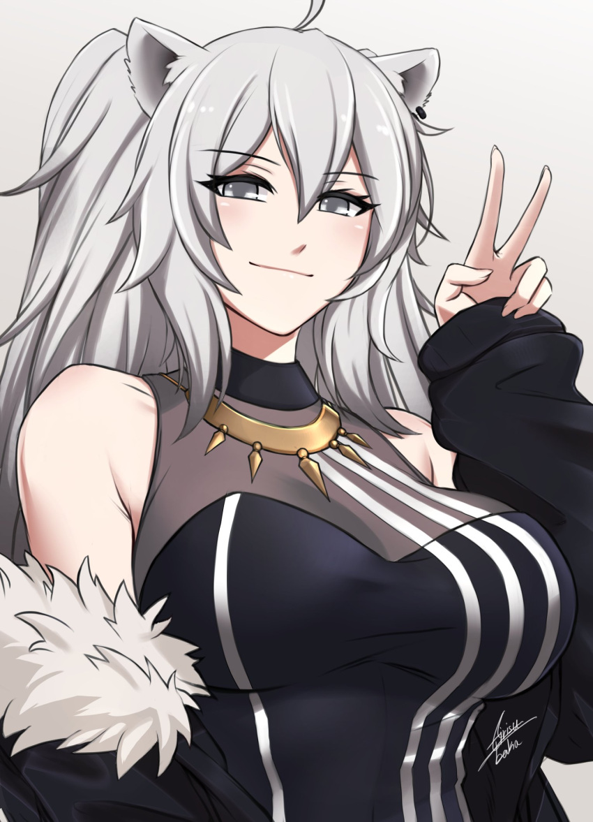 1girl ahoge airisubaka animal_ears artist_name bangs bare_shoulders commentary ear_piercing english_commentary eyebrows_visible_through_hair eyes_visible_through_hair fur_trim gradient gradient_background grey_background grey_eyes grey_hair hair_between_eyes highres hololive lion_ears long_hair long_sleeves looking_at_viewer piercing shishiro_botan signature simple_background sleeves_past_wrists smile solo striped upper_body v vertical_stripes virtual_youtuber