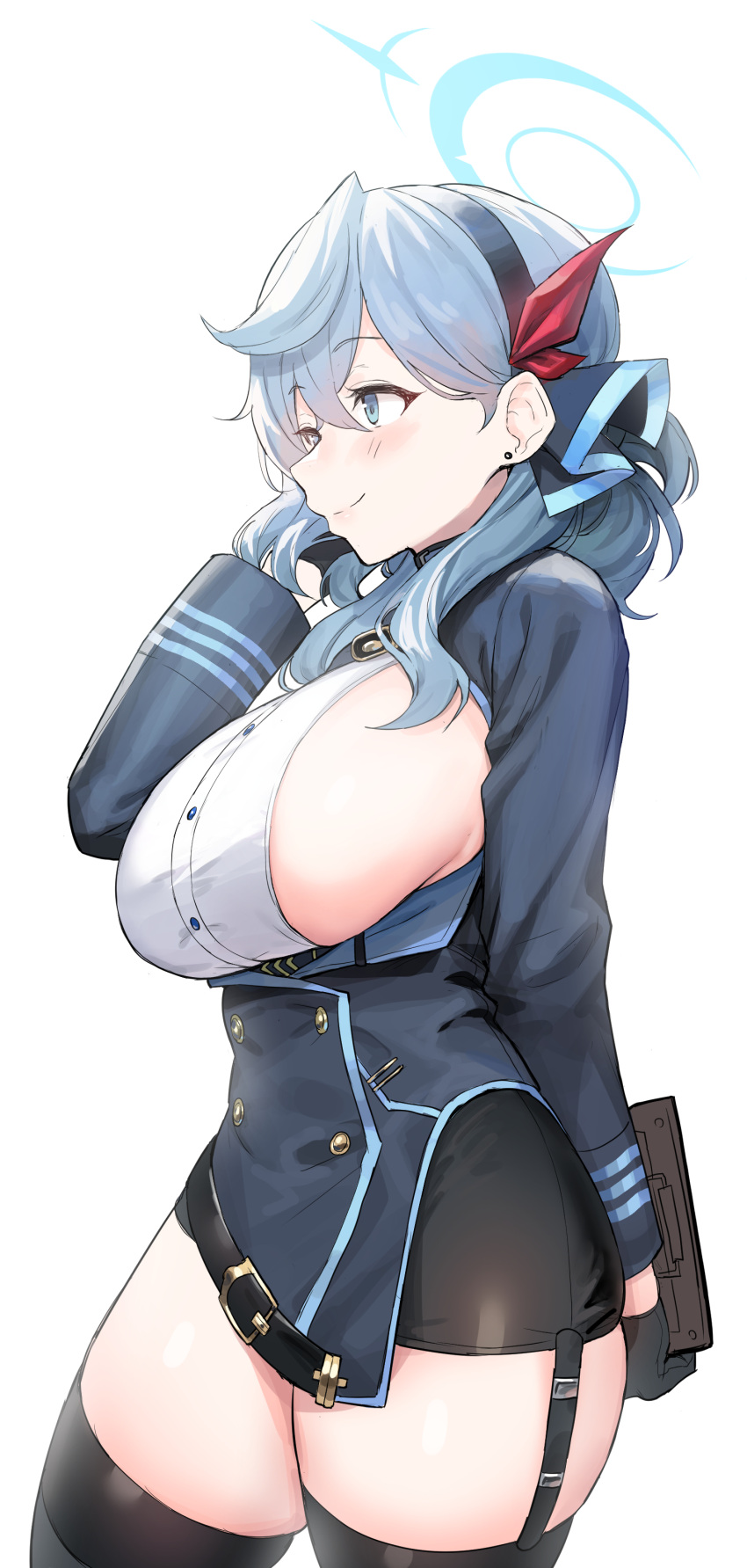 1girl absurdres ako_(blue_archive) arm_behind_back bangs belt black_belt black_gloves black_hairband black_legwear blue_archive blue_dress blue_eyes blue_hair blush breasts closed_mouth double-breasted dress earrings eyebrows_visible_through_hair garter_straps gloves hairband halo hand_in_hair highres jewelry large_breasts long_hair long_sleeves mochirong shirt sideboob simple_background smile solo standing thigh-highs white_eyelashes white_shirt