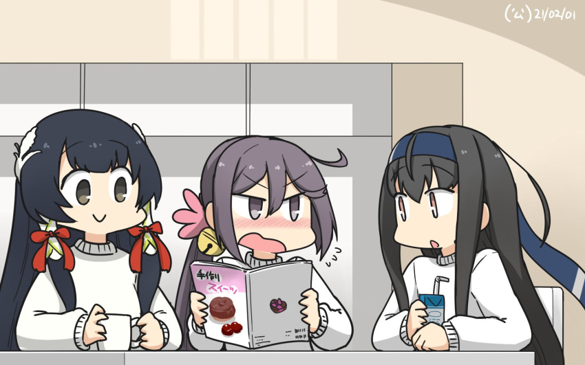 3girls ahoge akebono_(kantai_collection) alternate_costume bell black_hair blue_headband book commentary_request dated flower grey_eyes grey_hair hair_bell hair_flower hair_ornament hair_ribbon hair_tubes hamu_koutarou hatsushimo_(kantai_collection) headband highres jingle_bell kantai_collection long_hair low-tied_long_hair mizuho_(kantai_collection) multiple_girls red_eyes remodel_(kantai_collection) ribbon side_ponytail sidelocks sweater upper_body very_long_hair white_sweater