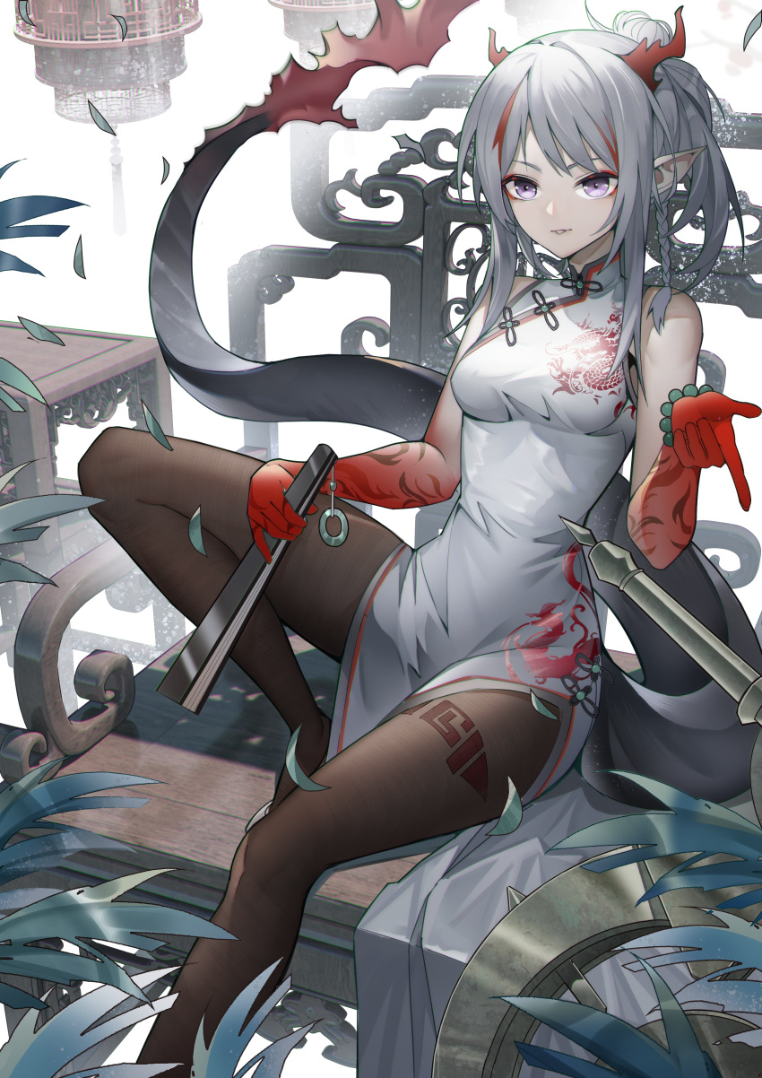 1girl absurdres arknights bare_arms bare_shoulders bead_bracelet beads bracelet braid breasts brown_legwear china_dress chinese_clothes dragon_horns dragon_tail dress eyeshadow fan folding_fan highres holding horns jewelry jinjide_shaonian knee_up long_hair looking_at_viewer makeup medium_breasts multicolored_hair nian_(arknights) nian_(unfettered_freedom)_(arknights) no_shoes pantyhose pelvic_curtain pointy_ears ponytail sidelocks silver_hair sitting sleeveless sleeveless_dress solo streaked_hair tail tail_raised tongue tongue_out violet_eyes white_dress