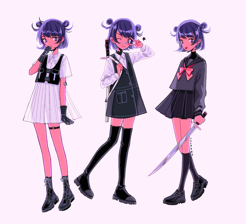 1girl artist_name bandaid bandaid_on_nose bangs black_footwear black_gloves black_legwear black_sailor_collar black_shirt boots bright_pupils collared_shirt double_bun dress ear_piercing earrings gloves hand_up heart heart_earrings highres holding holding_sword holding_weapon jewelry long_sleeves looking_at_viewer multiple_views myon_(tokipi) one_eye_closed original piercing pink_neckwear purple_hair sailor_collar shirt shoes short_hair short_sleeves simple_background socks star_(symbol) sword thigh-highs thigh_boots v violet_eyes weapon white_background white_dress white_pupils