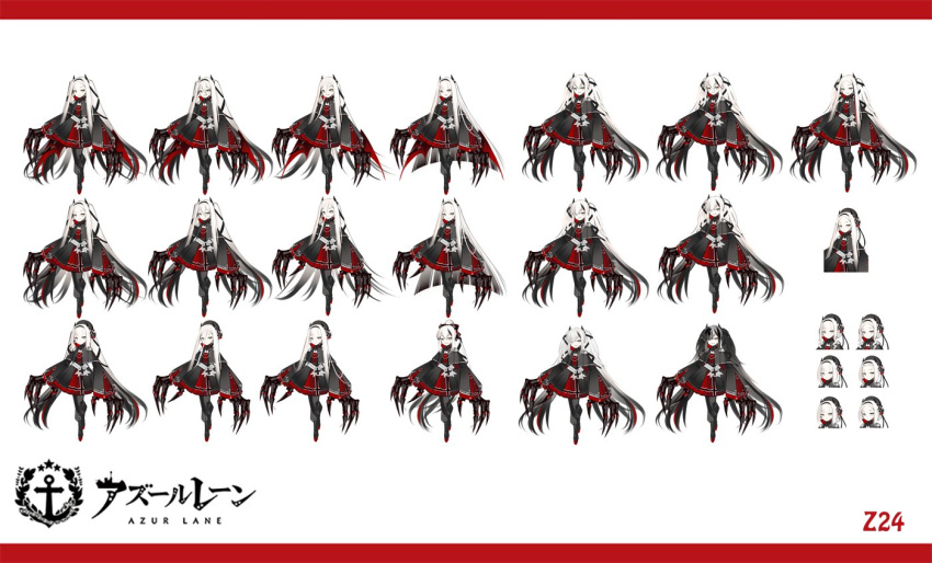 1girl azur_lane black_dress black_hair black_ribbon character_name claw_(weapon) claws dress gradient_hair hair_between_eyes horns iron_cross long_hair mechanical_arms multicolored_hair multiple_views official_art red_dress ribbon simple_background sketch twintails two-tone_hair very_long_hair vilor weapon white_background white_hair wide_sleeves z24_(azur_lane)