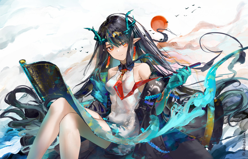 1girl aqua_fire aqua_hair arknights bangs bare_legs bare_shoulders bird black_hair black_jacket breasts calligraphy_brush closed_mouth commentary covered_navel dress dusk_(arknights) earrings feet_out_of_frame fire gradient_hair highres holding holding_brush horns invisible_chair jacket jewelry lims_(neko2lims) long_hair long_sleeves looking_at_viewer makeup mascara multicolored_hair necktie off_shoulder paintbrush pointy_ears red_eyes red_neckwear scroll sitting small_breasts smile solo sun twitter_username very_long_hair white_dress