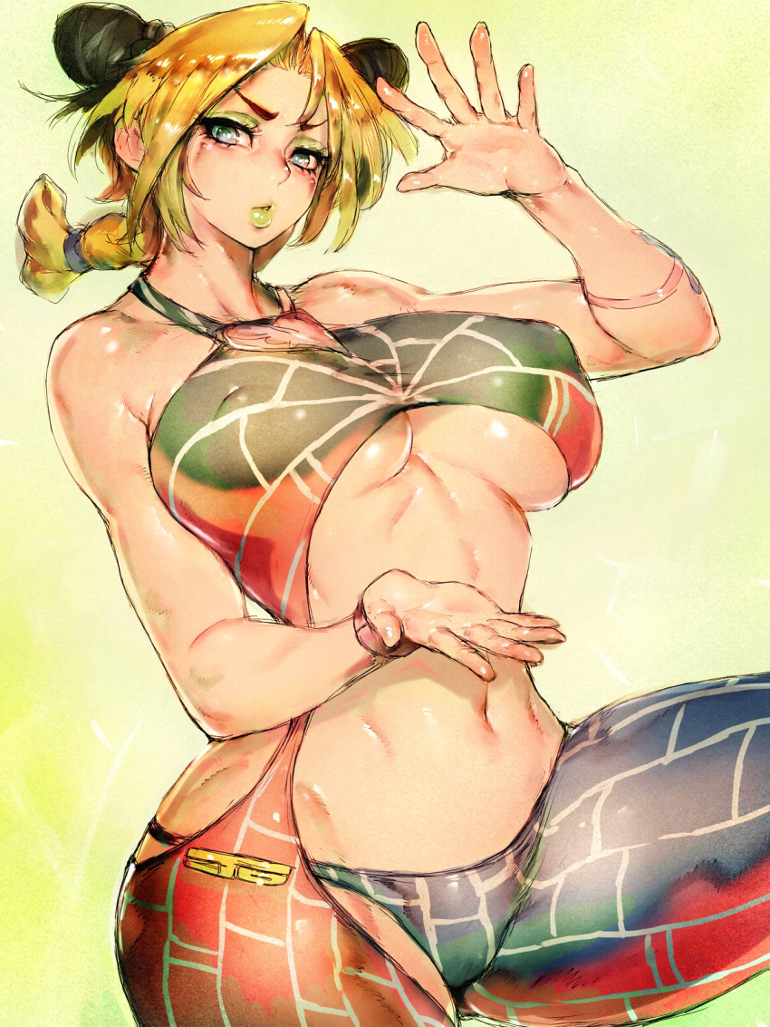 1girl bare_shoulders black_hair blonde_hair bracelet braid breasts brooch double_bun fumio_(rsqkr) green_eyes halter_top halterneck highres jewelry jojo_no_kimyou_na_bouken kujo_jolyne large_breasts looking_at_viewer midriff multicolored_hair navel ponytail simple_background solo spider_web_print stone_ocean tattoo two-tone_hair under_boob