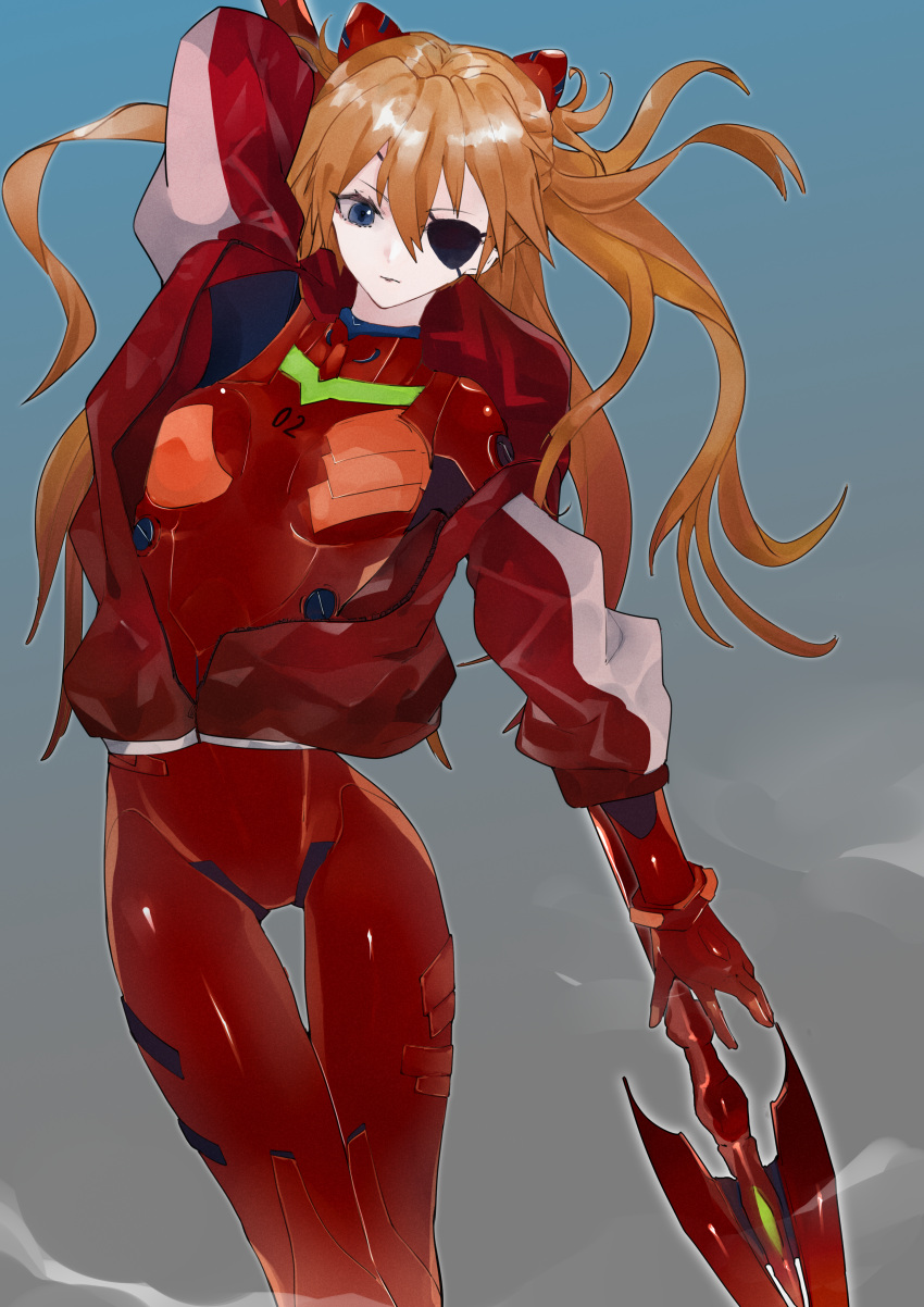 absurdres bangs blue_eyes bodysuit bodysuit_under_clothes evangelion:_3.0_you_can_(not)_redo eyepatch hair_between_eyes highres holding holding_weapon huge_filesize ikurauni interface_headset jacket light_brown_hair long_hair neon_genesis_evangelion pilot_suit plugsuit polearm rebuild_of_evangelion red_bodysuit red_jacket shikinami_asuka_langley souryuu_asuka_langley spear track_jacket weapon