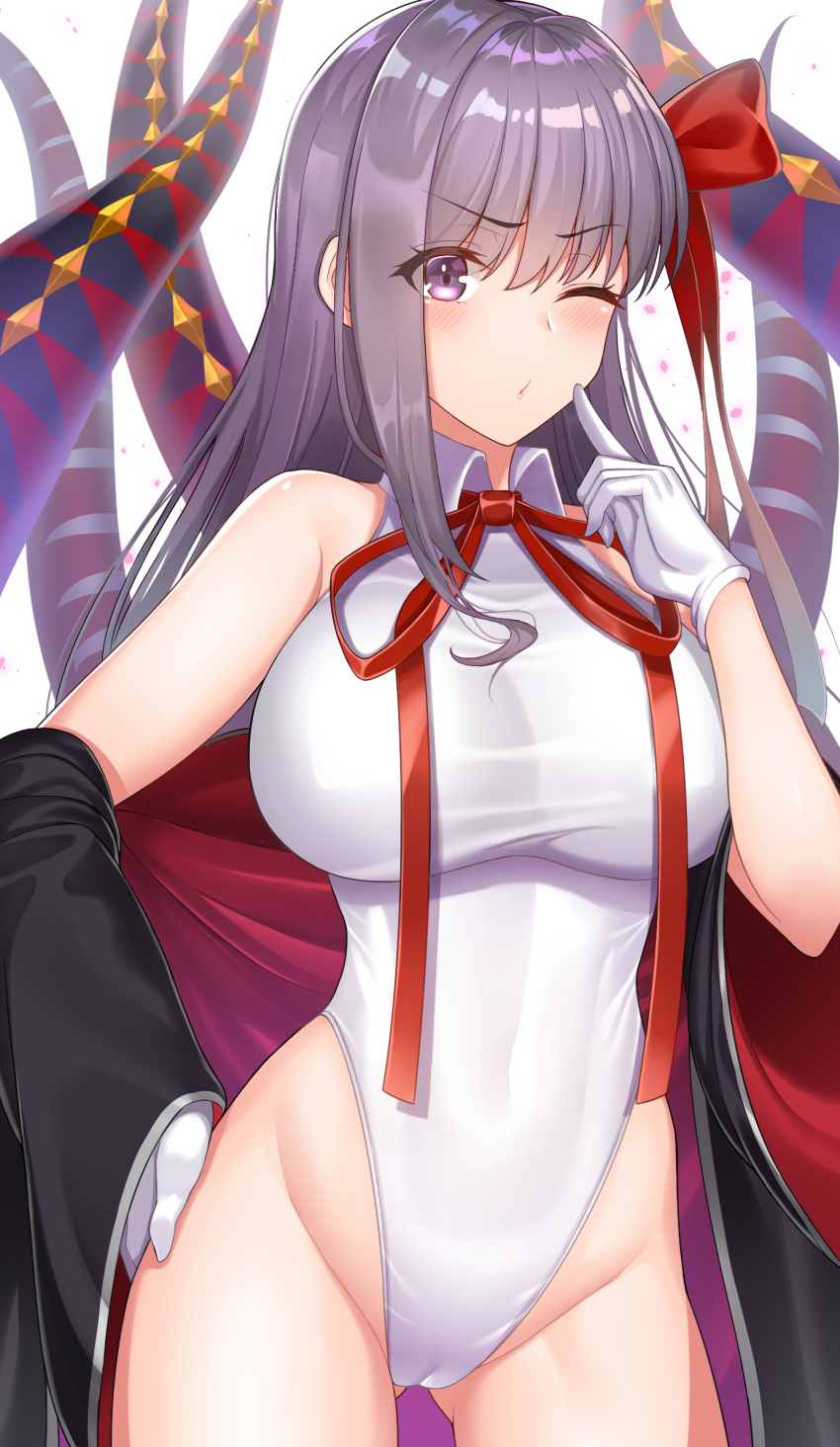 1girl bangs bare_shoulders bb_(fate)_(all) bb_(swimsuit_mooncancer)_(fate) black_coat breasts coat fate/grand_order fate_(series) gloves hair_ribbon hand_on_hip highleg highleg_leotard highres komainu_(yamaha1997) large_breasts leotard long_hair neck_ribbon off_shoulder one_eye_closed open_clothes open_coat popped_collar puckered_lips purple_hair red_ribbon revision ribbon tentacles thighs very_long_hair violet_eyes white_gloves white_leotard