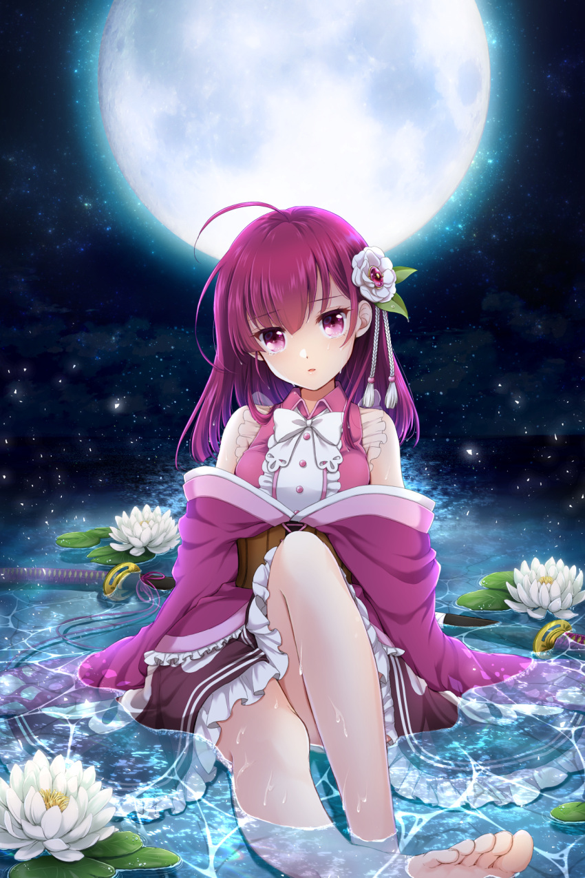 1girl ahoge bangs barefoot black_skirt chiwa_(chiwawanwan1206) closed_mouth eyebrows_visible_through_hair flower frilled_skirt frills full_moon hair_between_eyes hair_flower hair_ornament highres long_hair looking_at_viewer magia_record:_mahou_shoujo_madoka_magica_gaiden mahou_shoujo_madoka_magica miniskirt moon pink_eyes redhead shiny shiny_hair sitting skirt sleeveless solo tokiwa_nanaka water_surface white_flower wing_collar