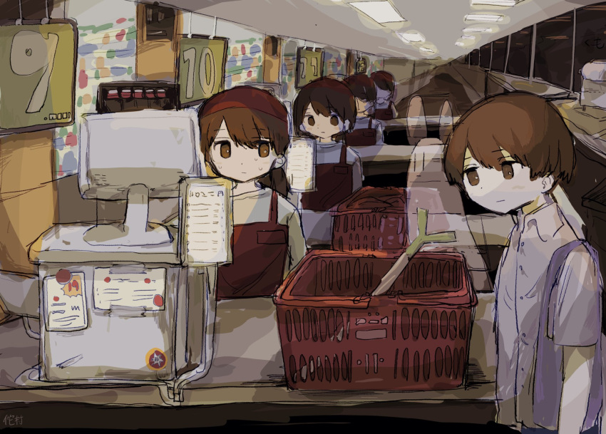 1boy 4girls bangs brown_eyes brown_hair commentary_request expressionless ghost highres medium_hair multiple_girls original ponytail shopping_basket short_hair spring_onion surreal sweatdrop vanishing_point wbmura