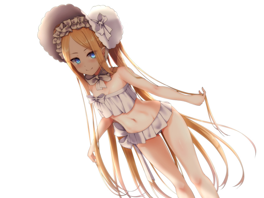 1girl abigail_williams_(fate) abigail_williams_(swimsuit_foreigner)_(fate) bikini blonde_hair blue_eyes bonnet bow breasts fate/grand_order fate_(series) forehead hair_bow hat long_hair navel ribbon simple_background small_breasts smile solo swimsuit thighs touchuu_kasou very_long_hair white_background white_bikini white_headwear