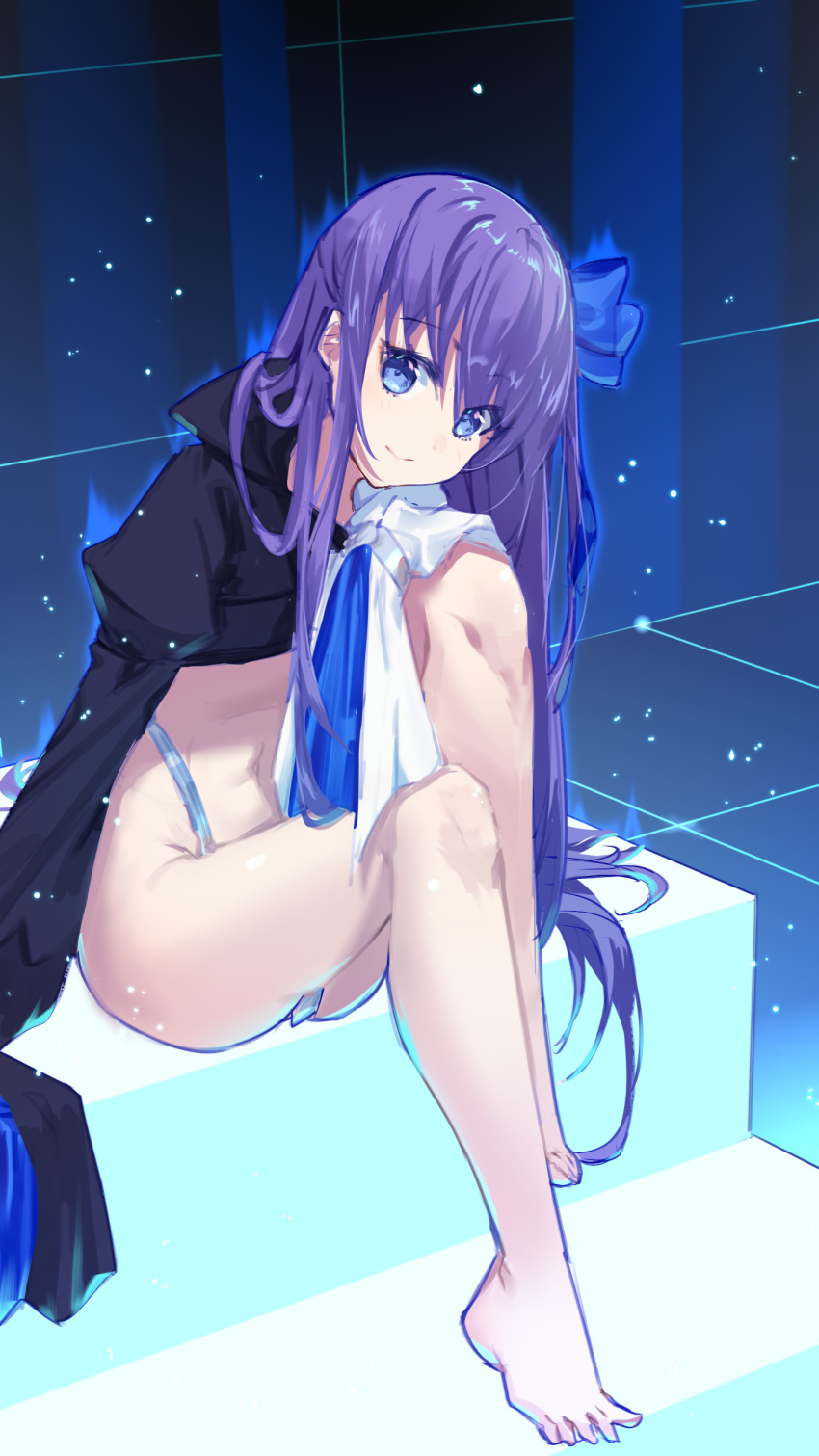 1girl absurdres bangs barefoot blue_eyes blue_ribbon blush breasts cropped_jacket fate/extra fate/extra_ccc fate_(series) feet hair_ribbon highres legs long_hair long_sleeves looking_at_viewer meltryllis mo_(pixiv9929995) navel purple_hair ribbon sitting sleeves_past_fingers sleeves_past_wrists small_breasts smile very_long_hair