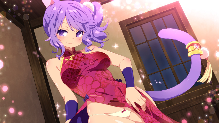 1girl animal_ears bow bow_panties breasts china_dress chinese_clothes closed_mouth cowboy_shot dress dutch_angle floral_print game_cg highres indoors medium_breasts non-web_source panties pelvic_curtain purple_hair red_dress sakura_knight shiny shiny_skin side_ponytail sidelocks skindentation smile solo string_panties tail tail_ornament underwear violet_eyes wanaca white_panties