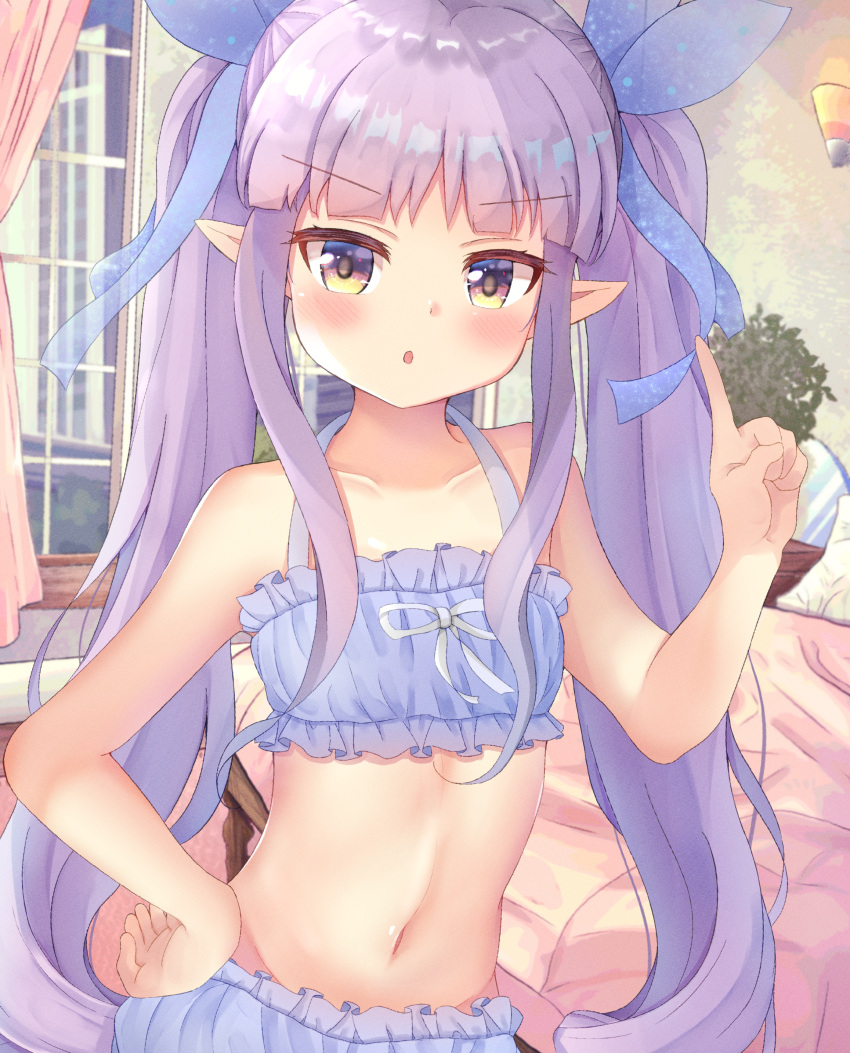 1girl :o absurdres bangs bare_shoulders bed blue_bra blue_panties blue_ribbon blunt_bangs blush bra cinderella_bust collarbone commentary_request cowboy_shot curtains eyebrows_visible_through_hair flat_chest frilled_bra frilled_panties frills groin hair_ribbon halter_top halterneck hand_on_hip highres index_finger_raised indoors kyouka_(princess_connect!) long_hair looking_at_viewer midriff multicolored multicolored_eyes navel panties plant pointy_ears potted_plant princess_connect! princess_connect!_re:dive purple_hair ribbon sidelocks solo standing teren twintails underwear underwear_only very_long_hair violet_eyes wall wall_lamp window yellow_eyes
