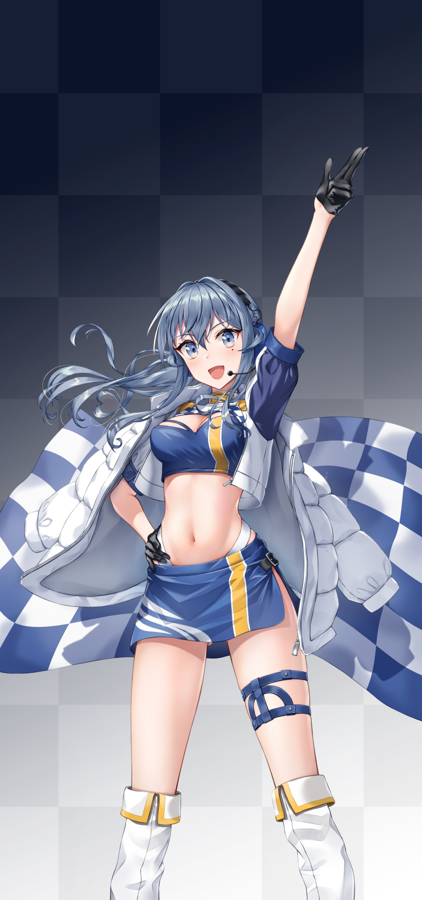 1girl :d absurdres arm_up ass_visible_through_thighs bangs blue_eyes blue_hair blue_skirt boots breasts checkered checkered_background commentary_request crop_top eyebrows_visible_through_hair flag gloves gotland_(kantai_collection) hand_on_hip headset highres huge_filesize jacket kantai_collection knee_boots long_hair looking_at_viewer medium_breasts midriff miniskirt mixed-language_commentary mole mole_under_eye navel open_mouth racequeen rankebu short_sleeves shorts skirt smile solo standing thigh_strap