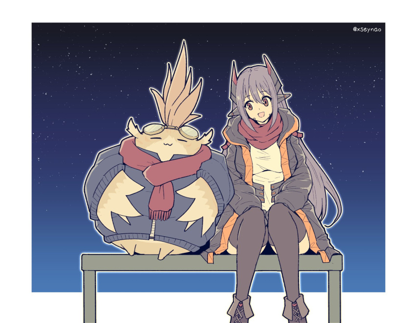 1girl :3 :d android border closed_eyes cold contemporary feet_out_of_frame highres jacket long_hair mochimochi_(xseynao) night nopon open_mouth poppi_(xenoblade) poppi_qtpi_(xenoblade) purple_hair red_scarf scarf sitting smile thigh-highs tora_(xenoblade_2) twitter_username white_border xenoblade_chronicles_(series) xenoblade_chronicles_2