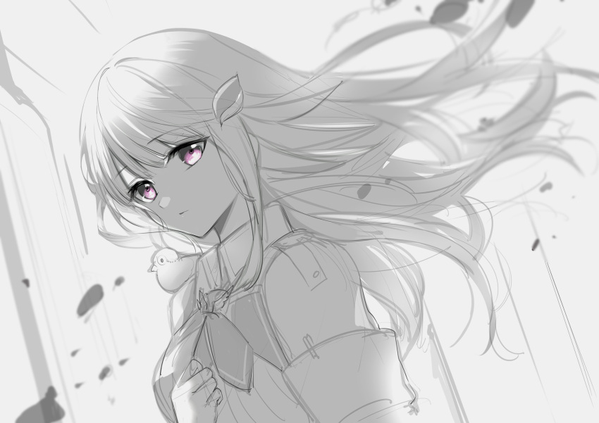 1girl animal_on_shoulder bangs bird bird_on_shoulder clenched_hand eyebrows_visible_through_hair feather_hair_ornament floating_hair highres lize_helesta long_hair looking_at_viewer monochrome monocle nijisanji sebastian_piyodore sketch solo spot_color tate_(donnguriumai) violet_eyes virtual_youtuber wind