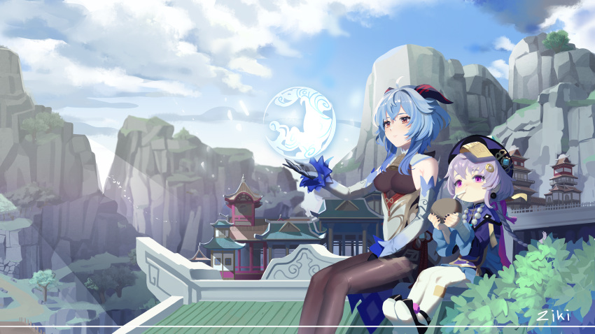 2girls absurdres bead_necklace beads black_legwear blue_eyes blue_sky building clouds cloudy_sky coconut day drink drinking drinking_straw earrings ganyu_(genshin_impact) genshin_impact gloves half-closed_eyes hat highres horns huge_filesize jewelry jiangshi mountain multiple_girls necklace outdoors purple_hair qiqi rooftop sitting sky tree user_fsjx4528 violet_eyes white_legwear