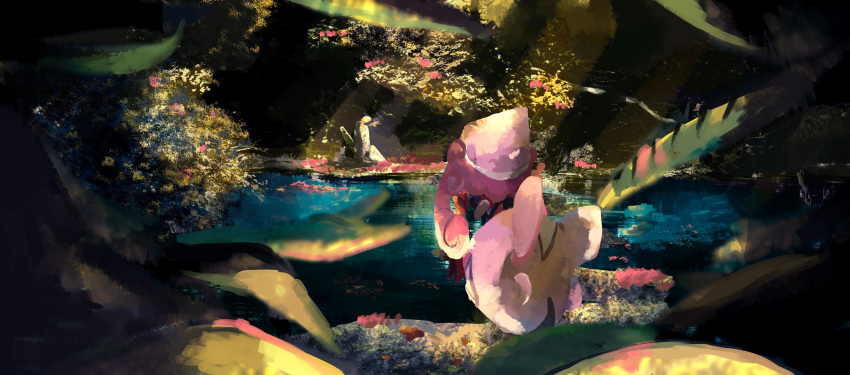 1girl absurdres blurry_foreground commentary_request day floating flower from_behind full_body gen_7_pokemon grass hat highres lake leaf legendary_pokemon light_rays long_hair outdoors pink_hair pink_headwear pokemon pokemon_(creature) red_flower scenery sketch solo sunlight tapu_lele umi_hire water