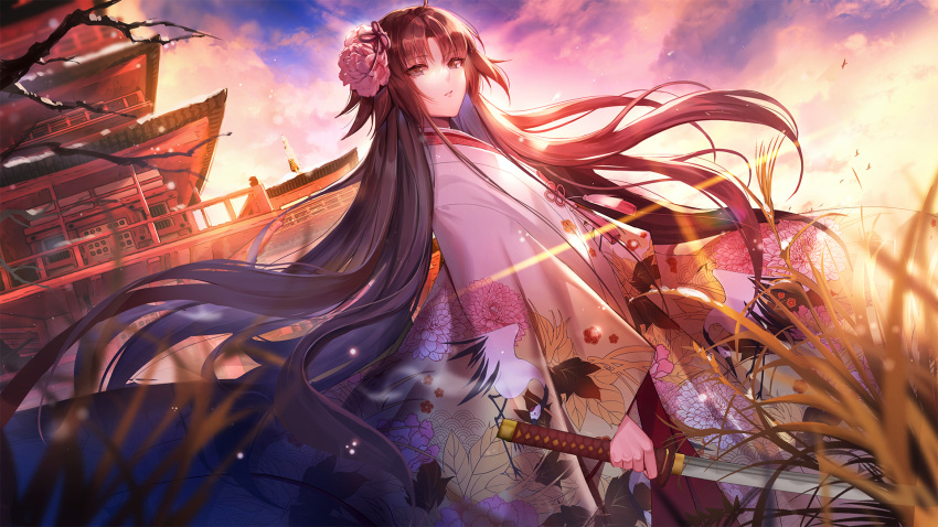 1girl ahoge architecture bangs blue_eyes breasts brown_hair east_asian_architecture fate/grand_order fate_(series) flower gradient_sky hair_flower hair_ornament highres japanese_clothes kara_no_kyoukai katana kernel_killer kimono long_hair long_sleeves looking_at_viewer orange_sky pink_kimono purple_sky revision ryougi_shiki sky sunset sword twilight very_long_hair weapon wide_sleeves