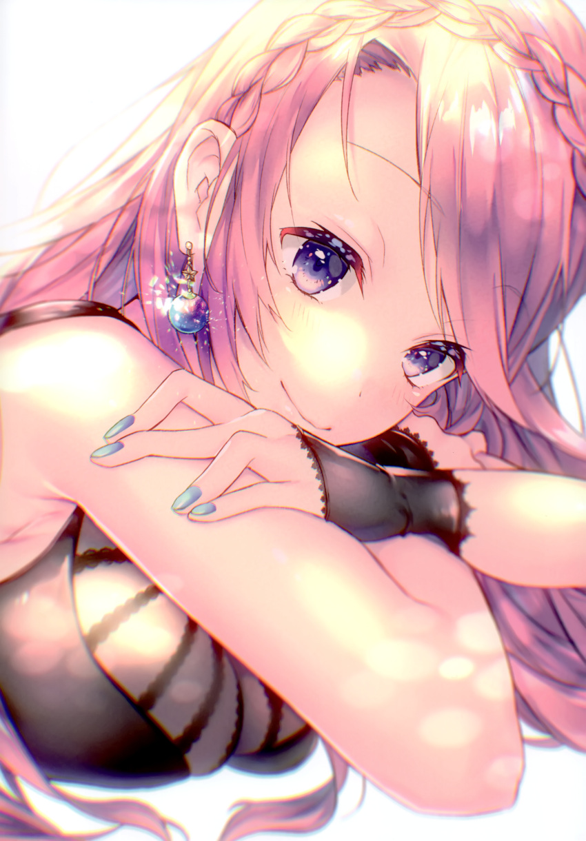 1girl absurdres bangs blue_eyes blue_nails braid breast_press breasts closed_mouth crown_braid earrings eyebrows_visible_through_hair highres jewelry long_hair looking_at_viewer medium_breasts megurine_luka nail_polish pink_hair shiny shiny_hair shiomizu_(swat) smile solo swept_bangs upper_body vocaloid white_background