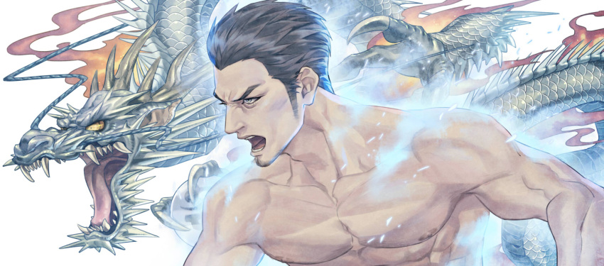 1boy aura black_hair dragon dragon_horns duplicate eastern_dragon facial_hair fangs fighting_stance goatee hair_slicked_back horns kiryuu_kazuma male_focus manly mature mythological_creature ryuu_ga_gotoku scales sharp_teeth shirtless short_hair shouting talgi teeth upper_body