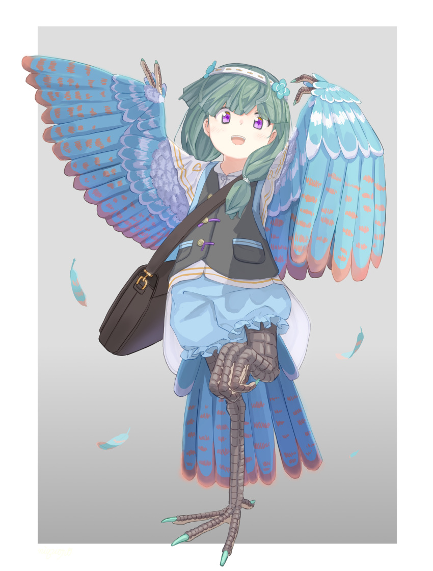 1girl arms_up bag bird_legs blue_feathers blue_wings commentary_request feathered_wings feathers flower green_hair hair_flower hair_ornament harpy headband highres messenger_bag monster_girl niquoro open_mouth original shoulder_bag solo standing standing_on_one_leg tail_feathers talons v vest violet_eyes winged_arms wings