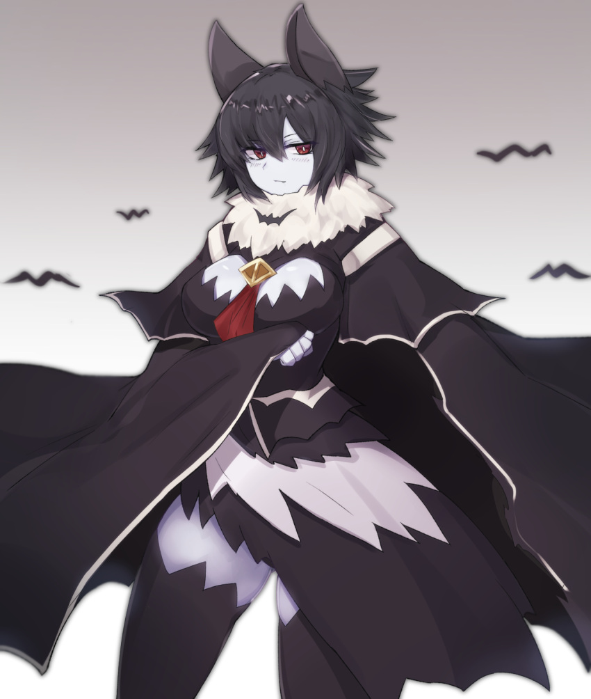 1girl animal_ears bat bat_ears bat_girl black_cape black_capelet black_hair black_theme blush breasts cape capelet expressionless fang fang_out fur_trim highres looking_at_viewer monster_girl original pale_skin red_eyes solo standing symbol_commentary thigh-highs yonaga