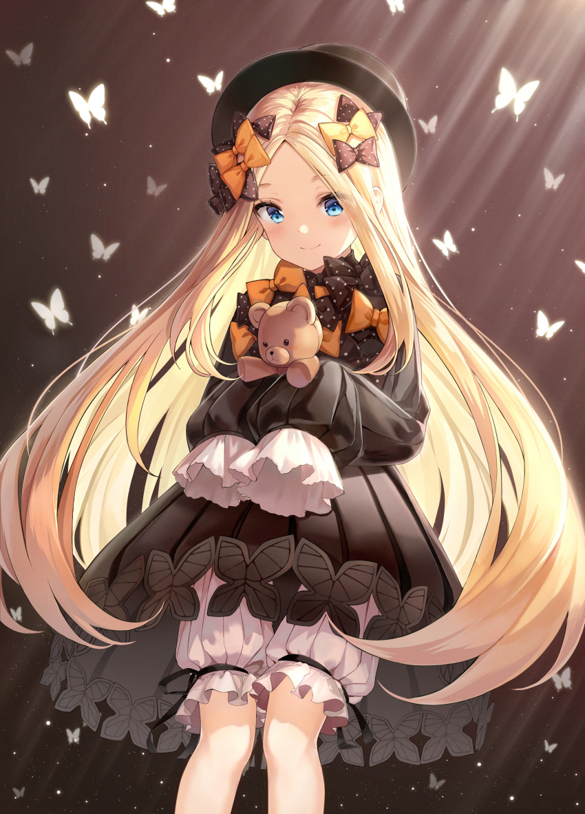 0v0_(l_seohui) 1girl abigail_williams_(fate) absurdres animal bangs black_bow black_dress black_headwear blonde_hair bloomers blue_eyes blush bow bug butterfly closed_mouth commentary_request dress eyebrows_visible_through_hair fate/grand_order fate_(series) forehead hair_bow hat highres holding holding_stuffed_toy huge_filesize insect long_hair long_sleeves looking_at_viewer multiple_bows multiple_hair_bows orange_bow parted_bangs polka_dot polka_dot_bow revision sleeves_past_fingers sleeves_past_wrists smile solo stuffed_animal stuffed_toy teddy_bear underwear very_long_hair white_bloomers