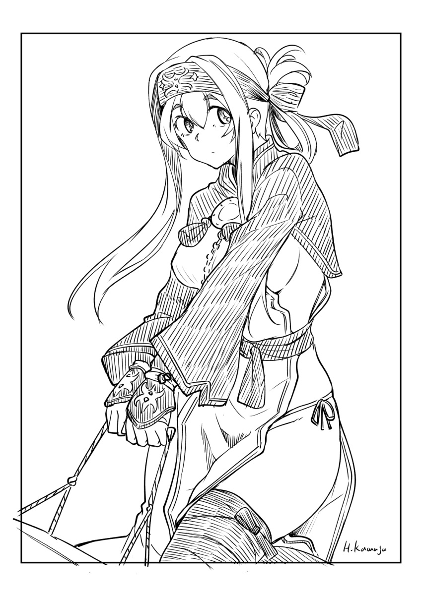 1girl ainu_clothes animal_ears bandana commentary_request cow_ears cow_horns cow_tail cropped_jacket folded_ponytail fundoshi greyscale headband highres horns japanese_clothes kamoi_(kantai_collection) kantai_collection kawajuu leg_wrap long_hair looking_at_viewer monochrome pelvic_curtain sidelocks solo tail thick_eyebrows thigh-highs wrist_guards