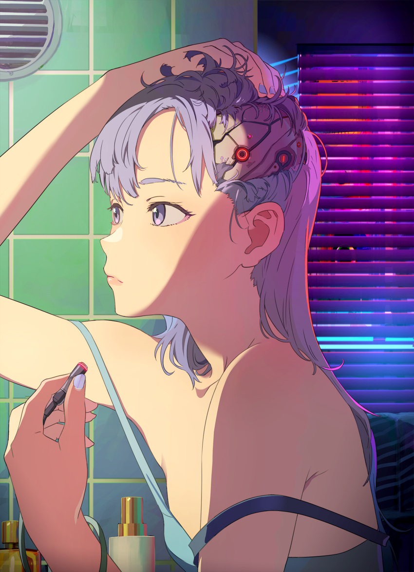 1girl adjusting_hair bare_shoulders blue_tank_top breasts cable cyborg from_side highres holding holding_cable long_hair mebae nail_polish no_bra off_shoulder original purple_hair small_breasts solo tank_top tile_wall tiles upper_body violet_eyes window