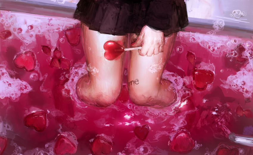 1girl absurdres black_skirt bubble candy food hatena_(nazequestion) heart heart-shaped_food highres holding holding_candy holding_food legs lollipop lower_body original sitting skirt soaking_feet solo