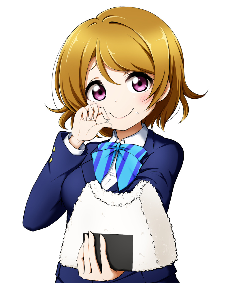 1girl bangs blazer blue_bow blue_jacket blush bow breasts brown_hair closed_mouth collared_shirt diagonal_stripes dress_shirt eyebrows_behind_hair food food_on_face hair_between_eyes highres holding holding_food jacket koizumi_hanayo kuena long_sleeves looking_at_viewer love_live! love_live!_school_idol_project medium_breasts onigiri outstretched_arm rice rice_on_face school_uniform shirt short_hair simple_background smile solo striped striped_bow upper_body violet_eyes white_background white_shirt