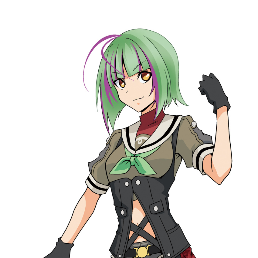 1girl animal_ears antenna_hair black_gloves bob_cut clenched_hand commentary_request corset cow_ears cow_horns cow_tail gloves graphite_(medium) green_hair grey_sailor_collar highres horns inverted_bob kanade_(kanadeya) kantai_collection looking_at_viewer multicolored_hair orange_eyes purple_hair sailor_collar sailor_shirt school_uniform serafuku shirt short_hair simple_background smile solo streaked_hair tail take_(kantai_collection) traditional_media white_background