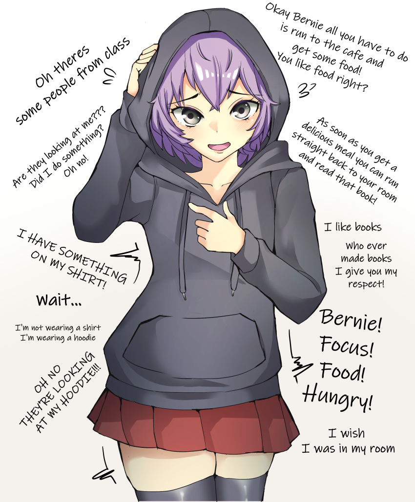 1340smile 1girl absurdres bernadetta_von_varley black_hoodie black_legwear casual contemporary english_commentary fire_emblem fire_emblem_heroes green_eyes hair_between_eyes highres hood hood_up hoodie long_sleeves looking_at_viewer open_mouth panicking purple_hair red_skirt short_hair skirt solo thigh-highs white_background zettai_ryouiki