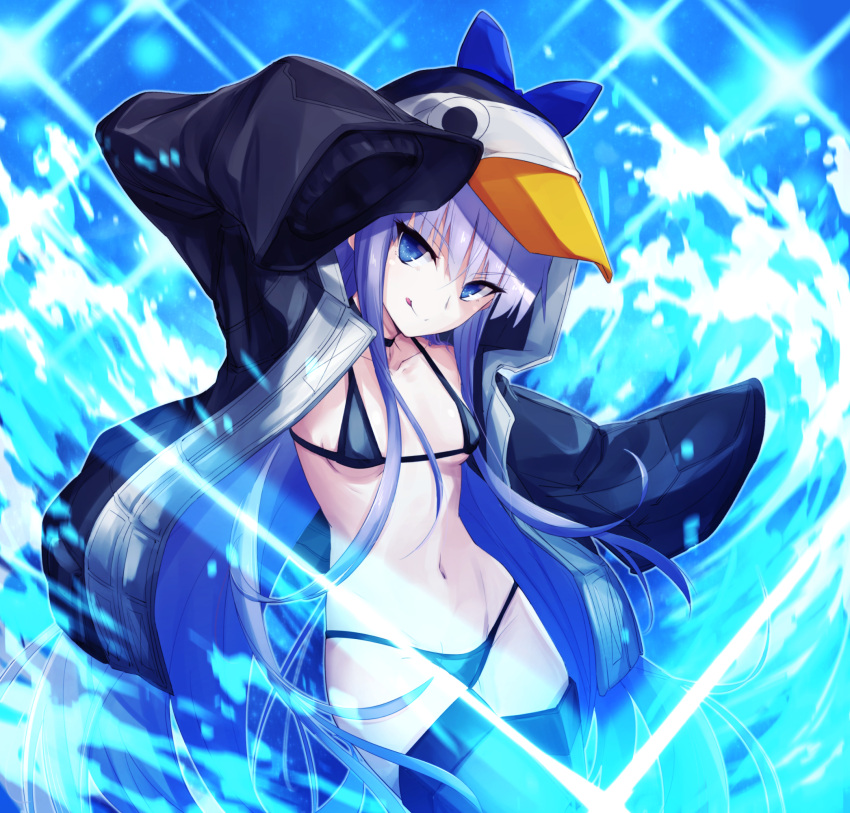 1girl animal_hood arm_up armored_boots bangs bikini black_bikini black_choker black_jacket blue_hair boots bow breasts choker closed_mouth collarbone eyebrows_visible_through_hair fate/grand_order fate_(series) groin hair_between_eyes hand_up highres hood jacket licking licking_lips long_hair long_sleeves looking_at_viewer meltryllis meltryllis_(swimsuit_lancer)_(fate) micro_bikini navel open_clothes open_jacket pi_(pnipippi) purple_bow sidelocks sleeves_past_fingers sleeves_past_wrists small_breasts smile solo sparkle standing stomach swimsuit thighs tongue tongue_out violet_eyes water wide_sleeves