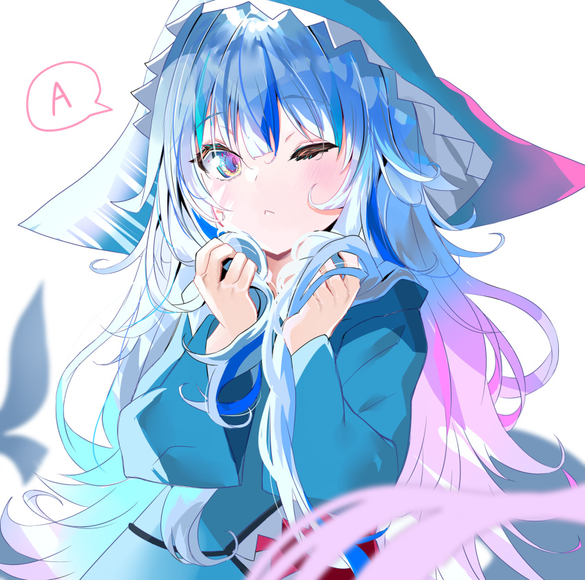1girl :&lt; ;&lt; a alternate_hair_length alternate_hairstyle animal_hood bangs blue_eyes blue_hair blue_hoodie blurry catchphrase closed_mouth commentary depth_of_field fish_tail gawr_gura hands_up highres holding holding_hair hololive hololive_english hood hood_up hoodie long_hair long_sleeves looking_at_viewer multicolored_hair one_eye_closed shark_hood shark_tail sho_(runatic_moon) solo speech_bubble streaked_hair tail two-tone_hair upper_body virtual_youtuber white_hair wide_sleeves