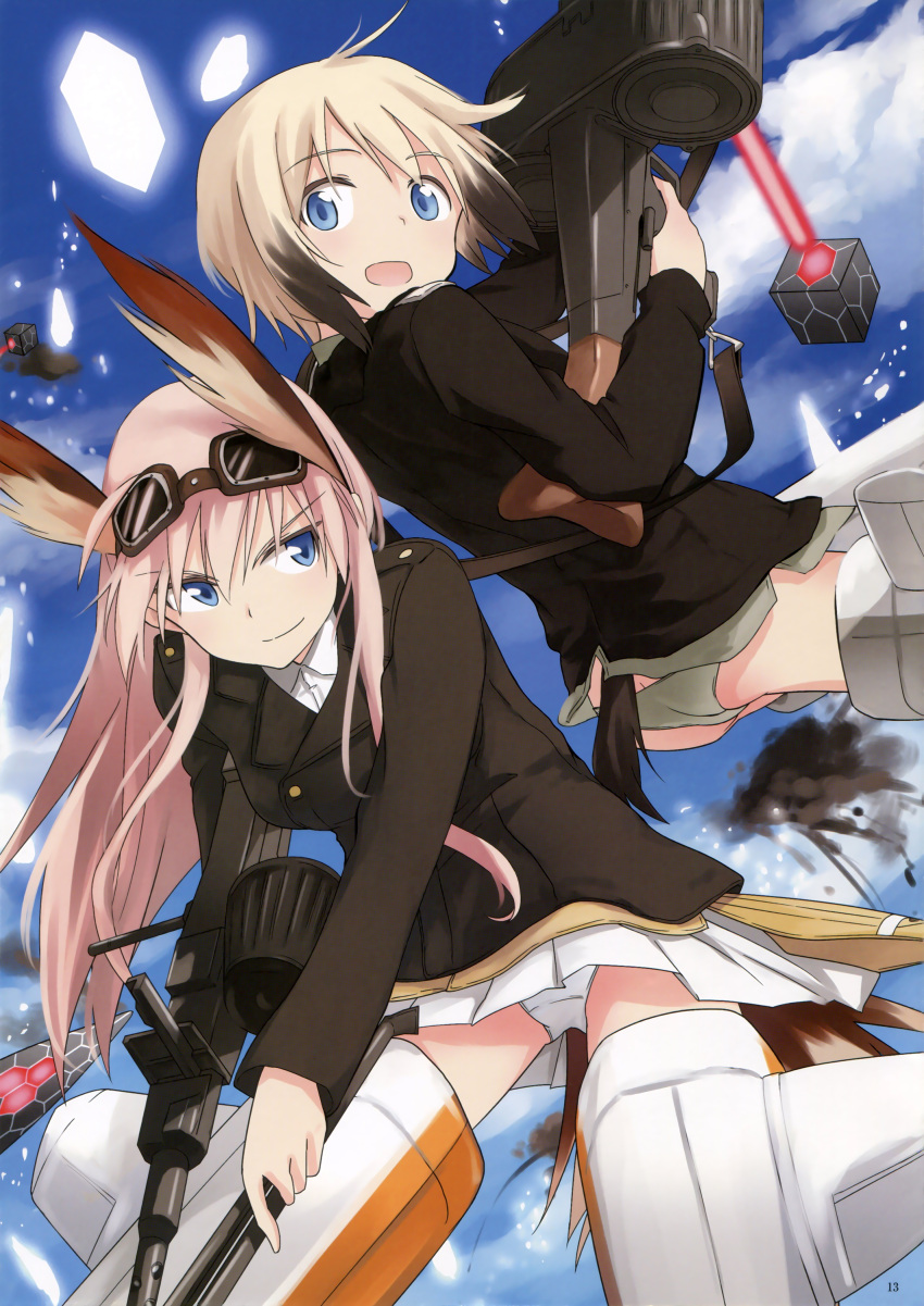 2girls absurdres ass bird_tail blonde_hair blue_eyes blush dog_tail erica_hartmann flying goggles goggles_on_head gun hanna-justina_marseille highres huge_filesize long_hair looking_at_another looking_back military military_uniform miniskirt multiple_girls neuroi official_art open_mouth panties pleated_skirt rifle short_hair skirt sky smile strike_witches striker_unit tail uesugi_kyoushirou underwear uniform weapon white_panties white_skirt wing_ears world_witches_series