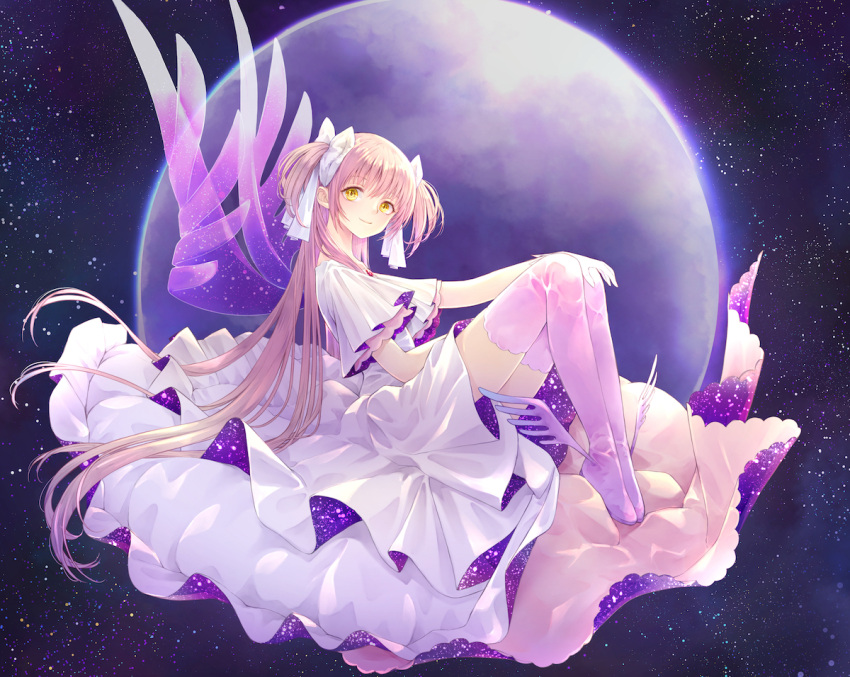 1girl closed_mouth collarbone commentary_request dress eyebrows_visible_through_hair floating frilled_dress frills full_body gloves goddess_madoka hair_ribbon hand_on_lap hand_on_own_knee happy kaname_madoka layered_dress legs_together legs_up light_smile long_hair looking_at_viewer mahou_shoujo_madoka_magica pink_hair pink_legwear planet ribbon riri_(ririwaldorf) shiny shiny_hair sky solo space star_(sky) starry_sky straight_hair tareme thigh-highs two_side_up very_long_hair white_dress white_gloves white_ribbon wide_sleeves yellow_eyes zettai_ryouiki
