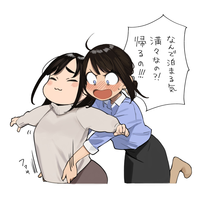 2girls :3 adjusting_clothes beige_sweater black_skirt blue_eyes blue_shirt blush brown_hair brown_skirt closed_eyes collar collared_shirt constricted_pupils cowlick douki-chan's_rival_(yomu_(sgt_epper)) douki-chan_(yomu_(sgt_epper)) dress_shirt ear_piercing earrings ganbare_douki-chan highres jewelry long_sleeves multiple_girls pantyhose pencil_skirt piercing shirt sidelocks simple_background skirt sleeves_rolled_up smile speech_bubble translation_request turtleneck upper_body white_background white_collar yomu_(sgt_epper)